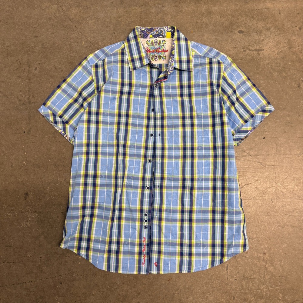 Robert Graham Mens Blue Green Plaid Paisley Jacquard Short Sleeve Button Shirt